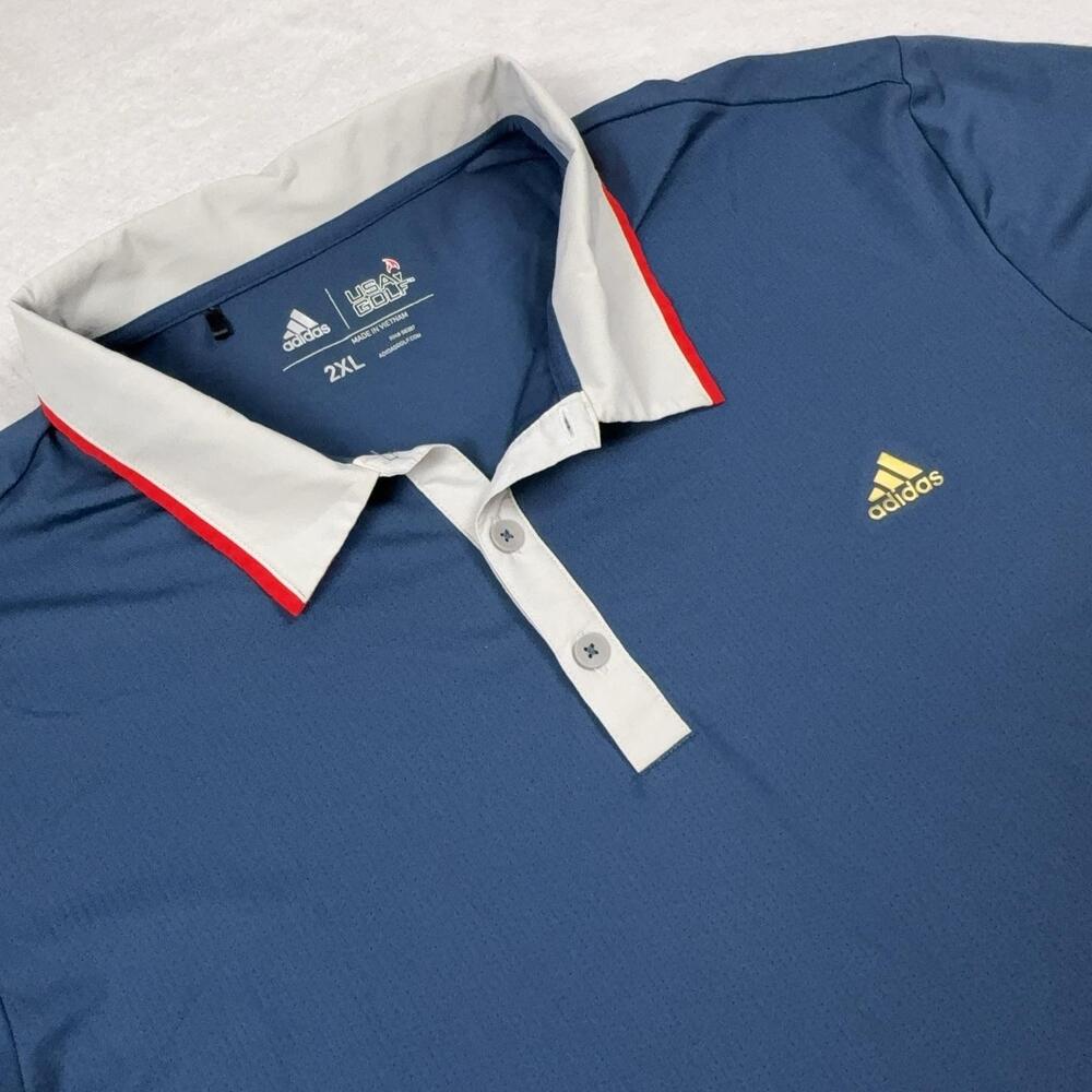 Adidas Polo Shirt Mens 2XL Blue USA Golf Polyester Spandex Mesh Collared